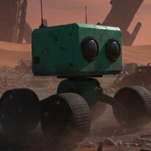 stylized robot 3d model with wheels