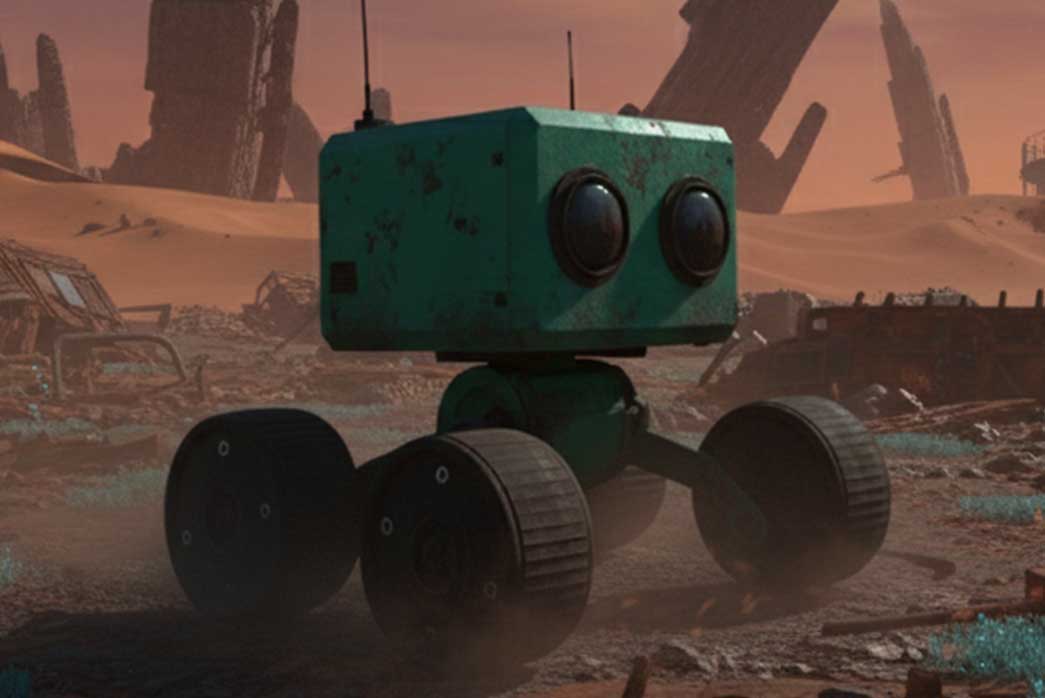 stylized robot 3d model with wheels